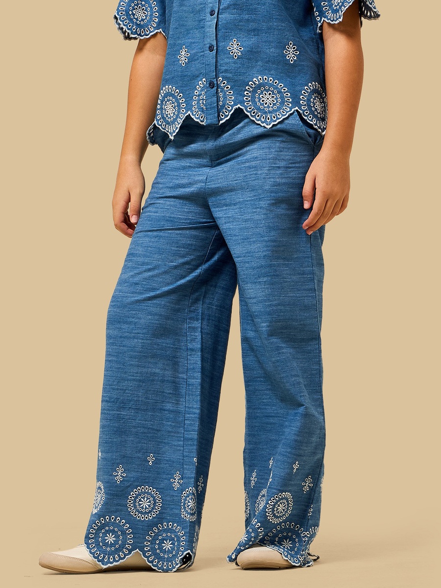 Schiffli Embroidered Chambray Cotton Wide Leg Pants