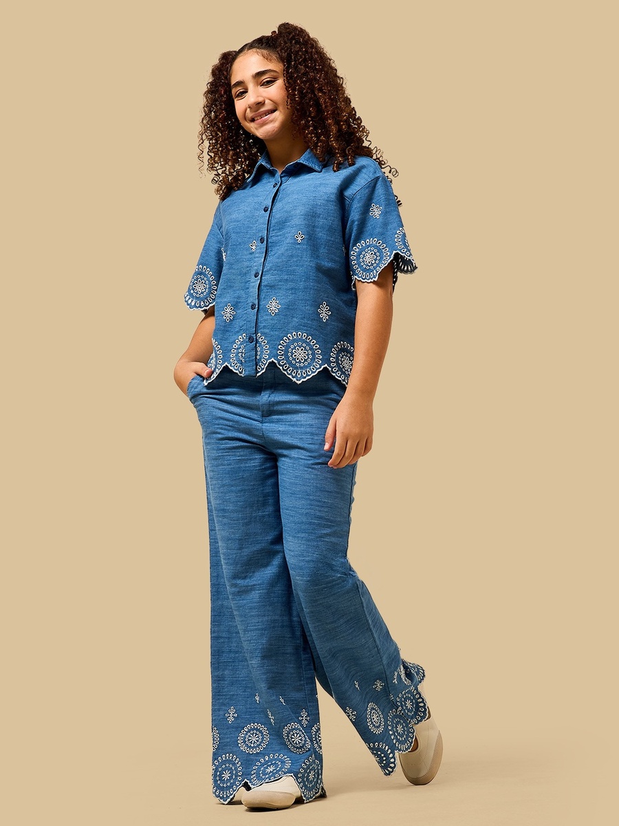 Schiffli Embroidered Chambray Cotton Wide Leg Pants