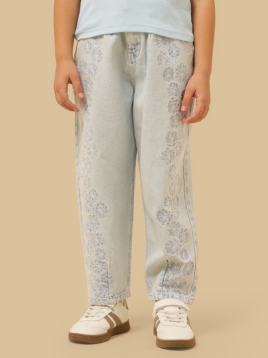 Barrel Fit Floral Embroidered Cotton Jeans