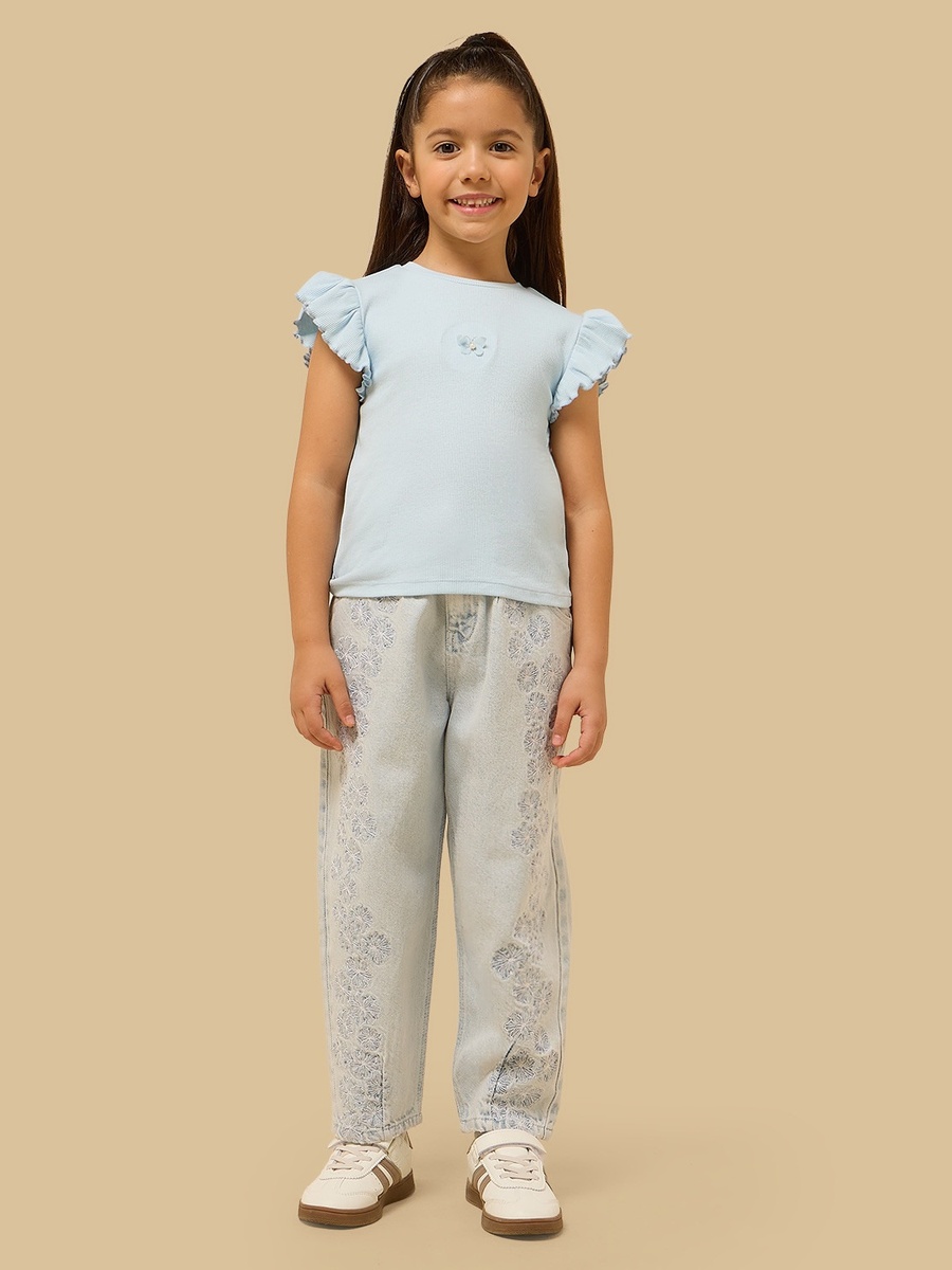 Barrel Fit Floral Embroidered Cotton Jeans
