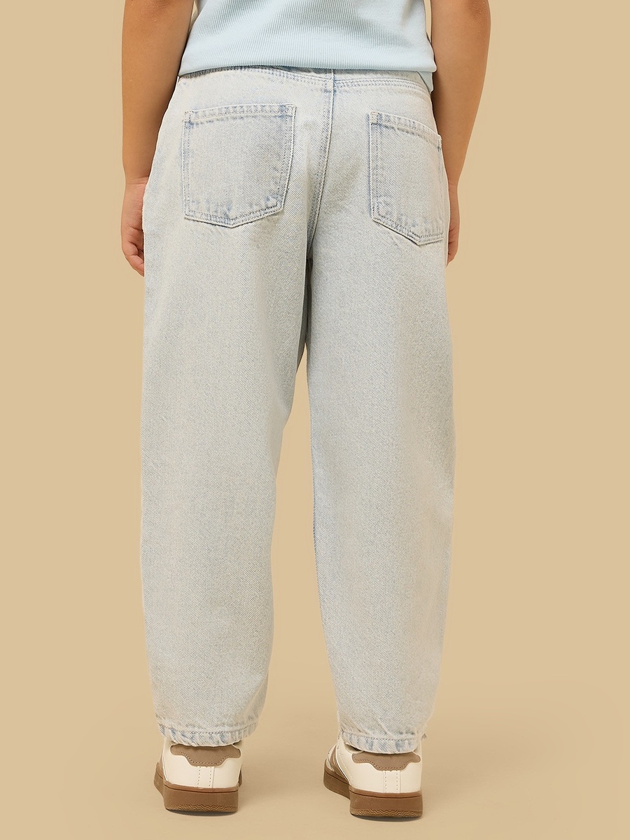 Barrel Fit Floral Embroidered Cotton Jeans