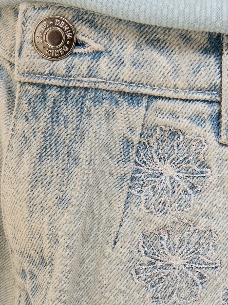Barrel Fit Floral Embroidered Cotton Jeans