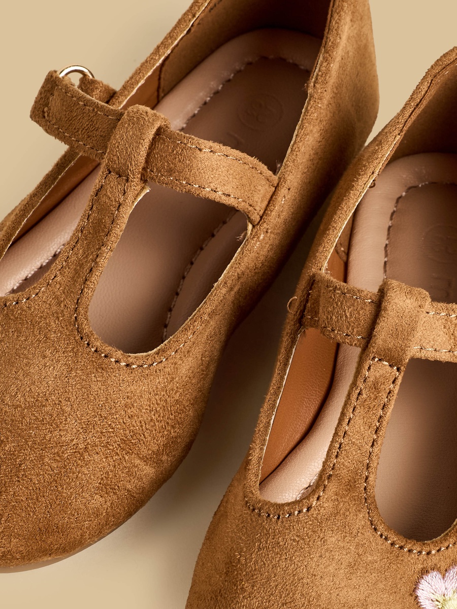 Floral Embroidered Suede Ballerina Shoes