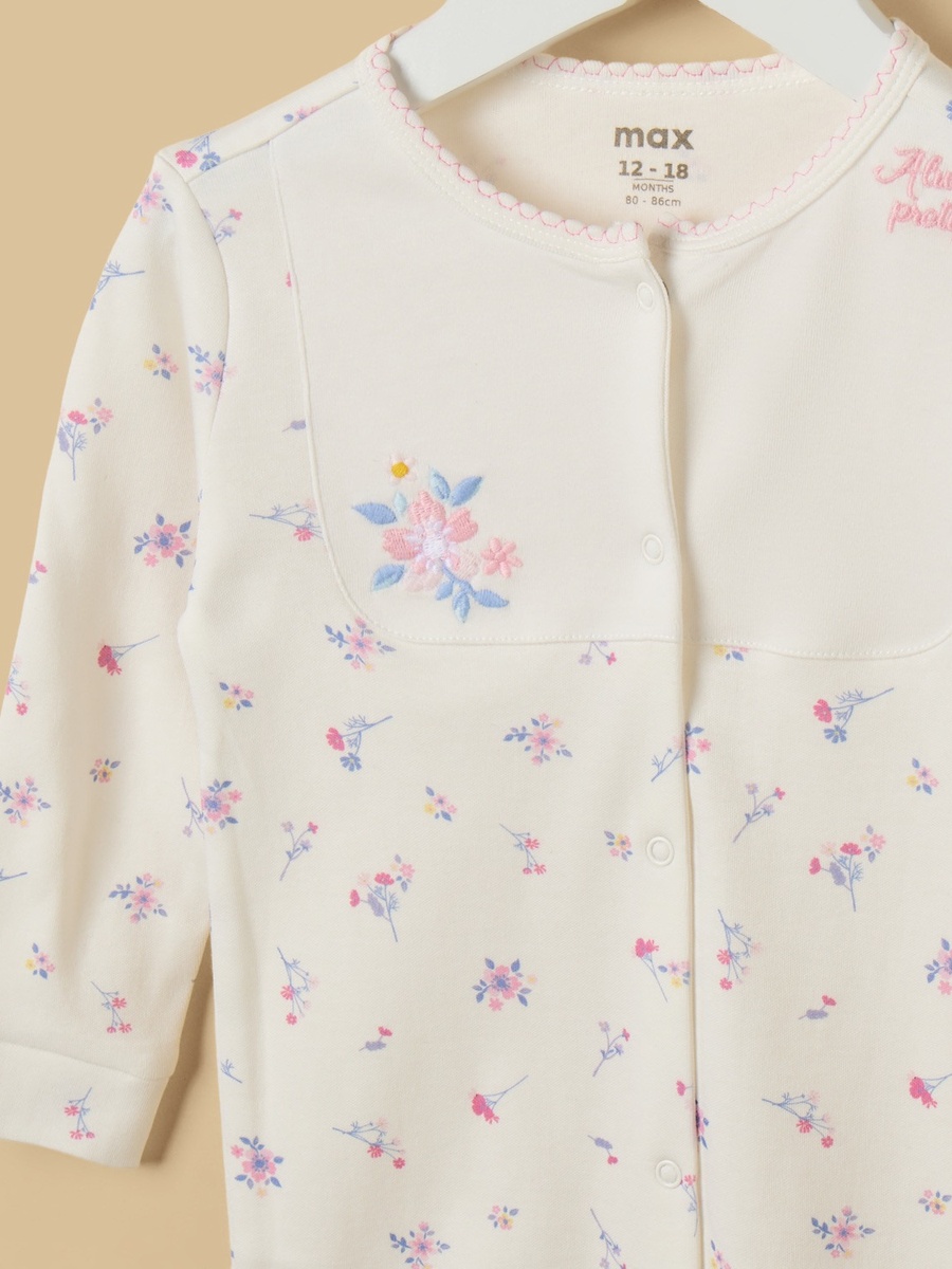 Floral Print Cotton Sleepsuit with Cap