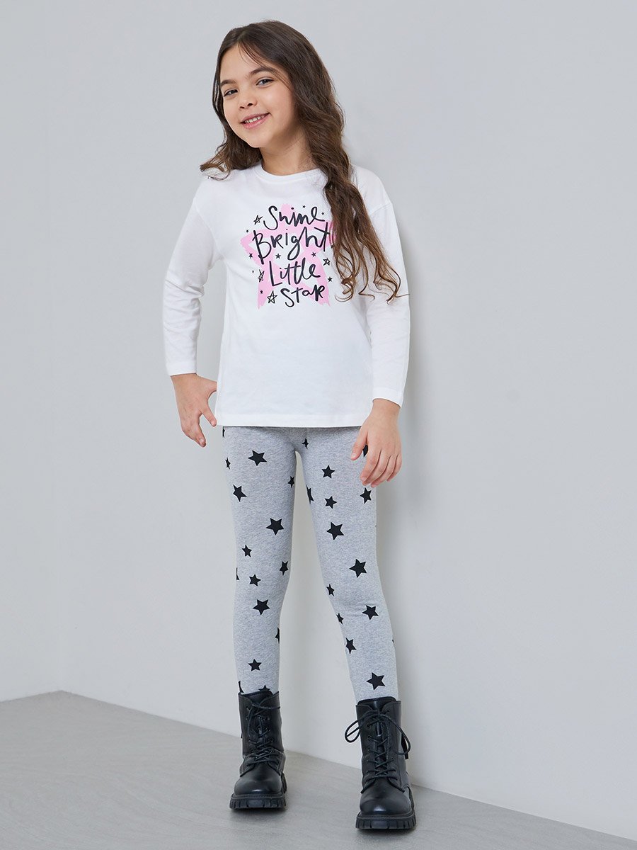 Girls Cotton Graphic T-Shirt and Star Print Leggings Set