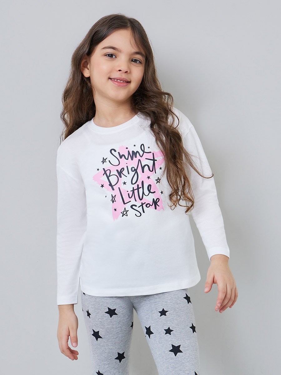 Girls Cotton Graphic T-Shirt and Star Print Leggings Set