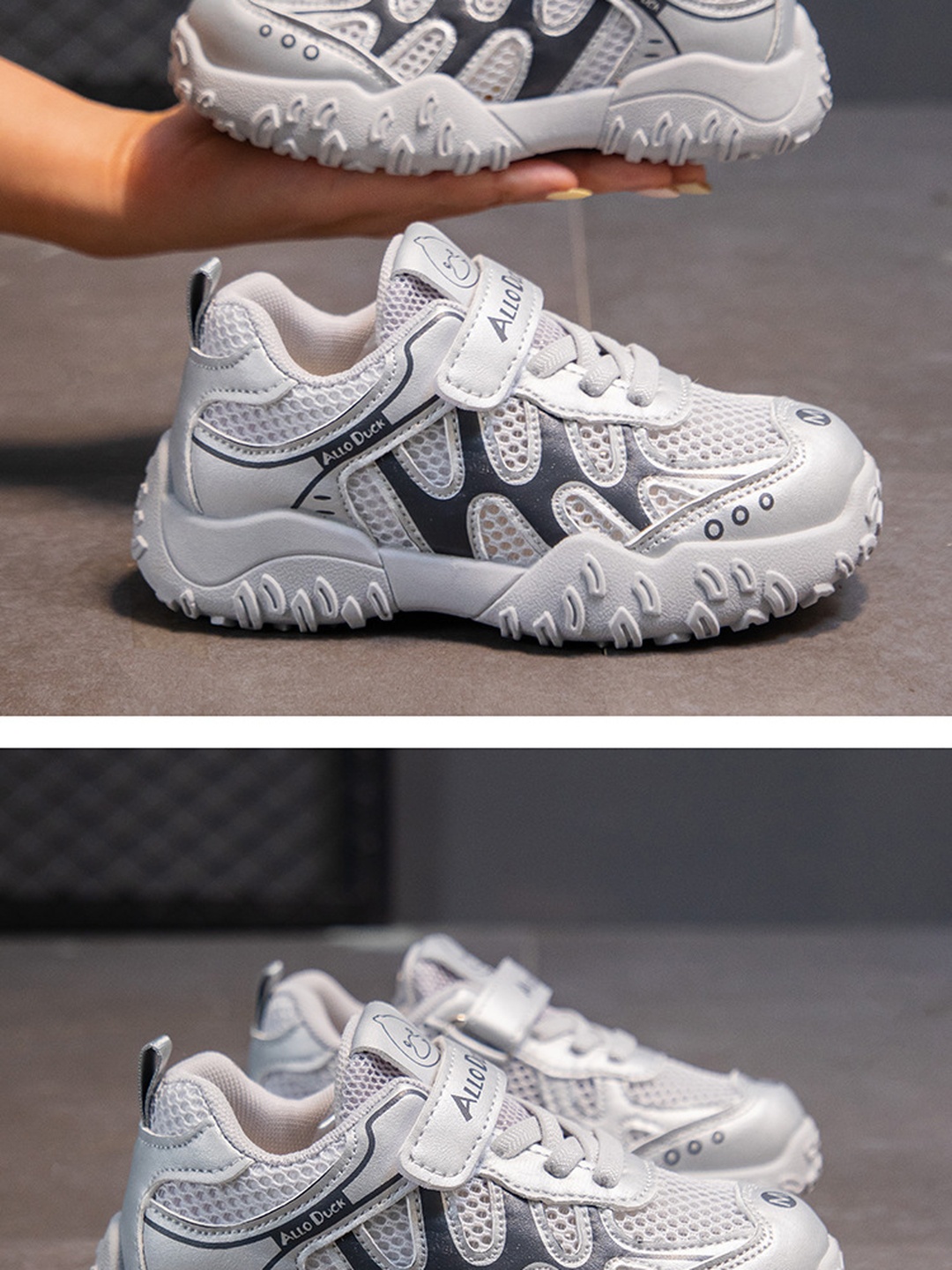 White and Grey Mesh Hook-and-Loop Sneakers