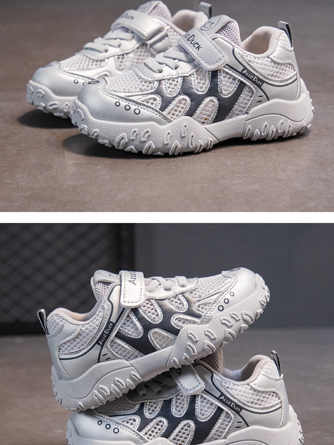White and Grey Mesh Hook-and-Loop Sneakers