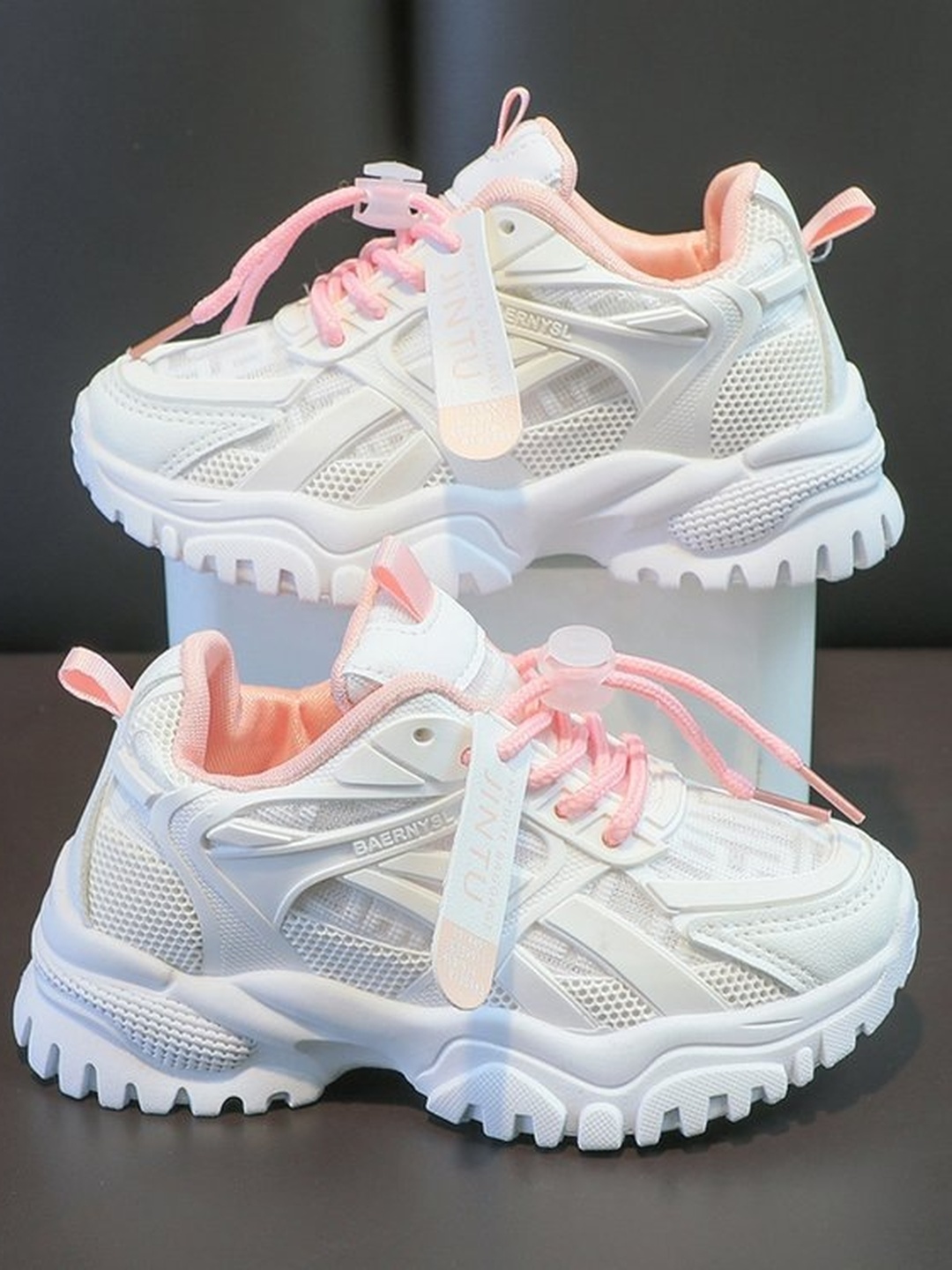 White Textured Mesh Lace-Up Chunky Sneakers