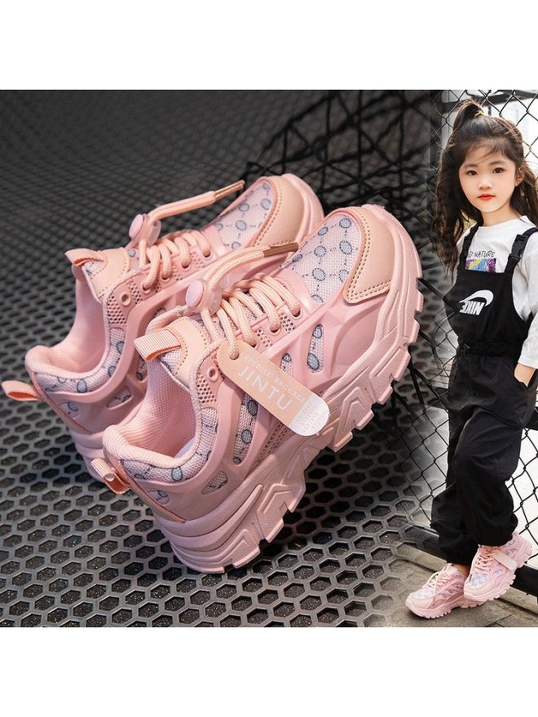 Girls Pink Lace-Up Chunky Sole Athletic Sneakers