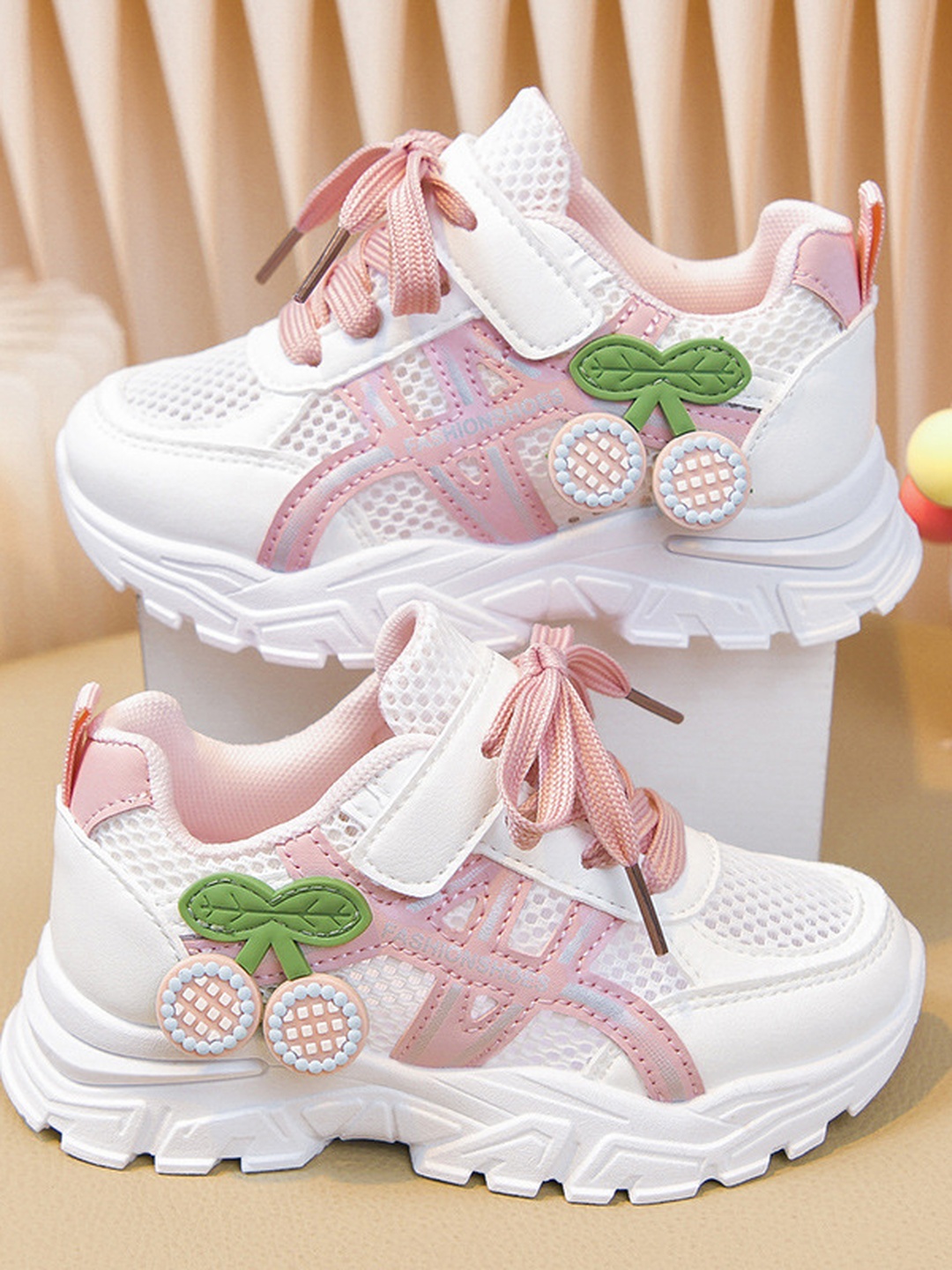 Girls Mesh Cherry Sneakers with Hook-and-Loop Strap