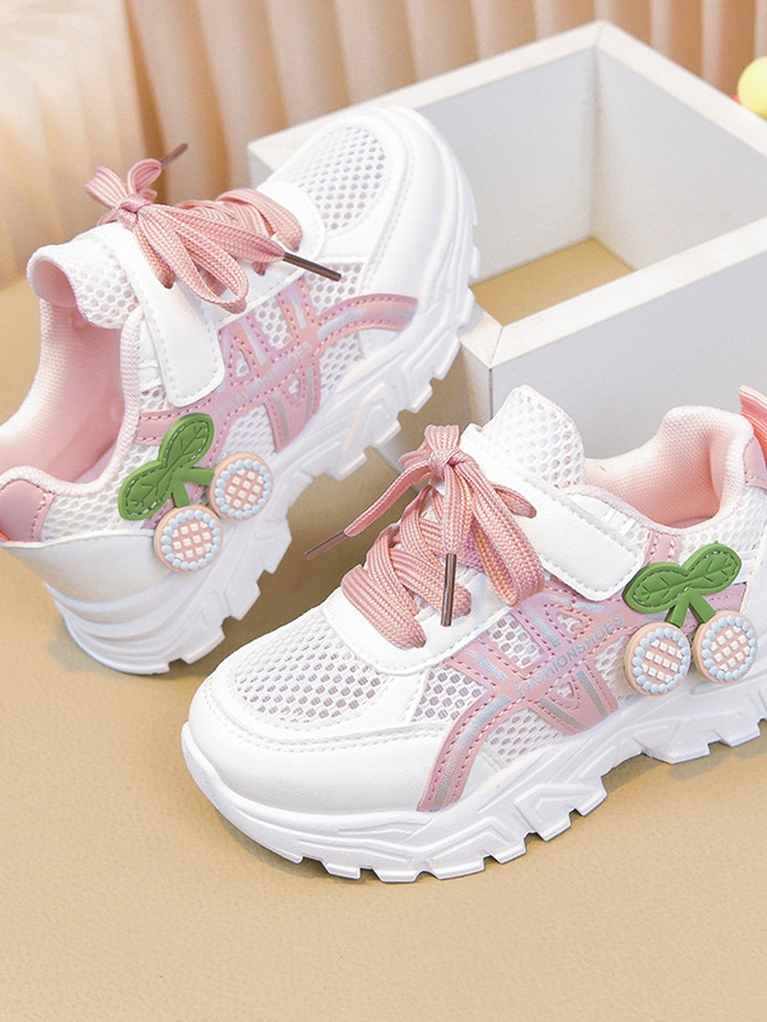 Girls Mesh Cherry Sneakers with Hook-and-Loop Strap