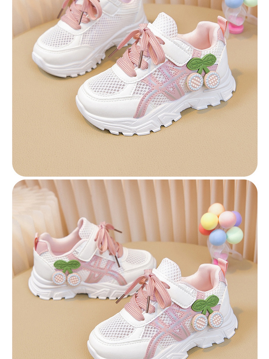 Girls Mesh Cherry Sneakers with Hook-and-Loop Strap