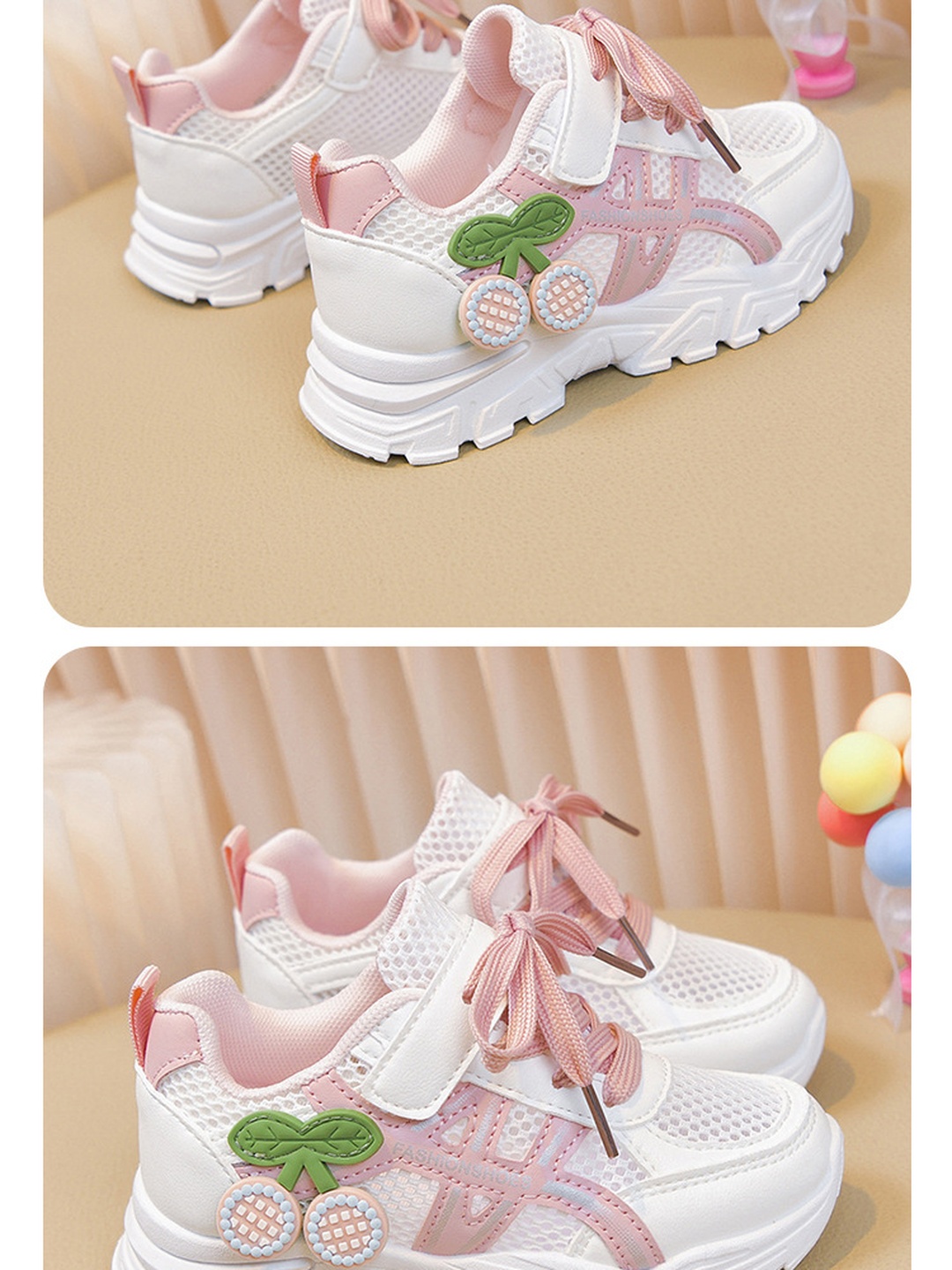 Girls Mesh Cherry Sneakers with Hook-and-Loop Strap