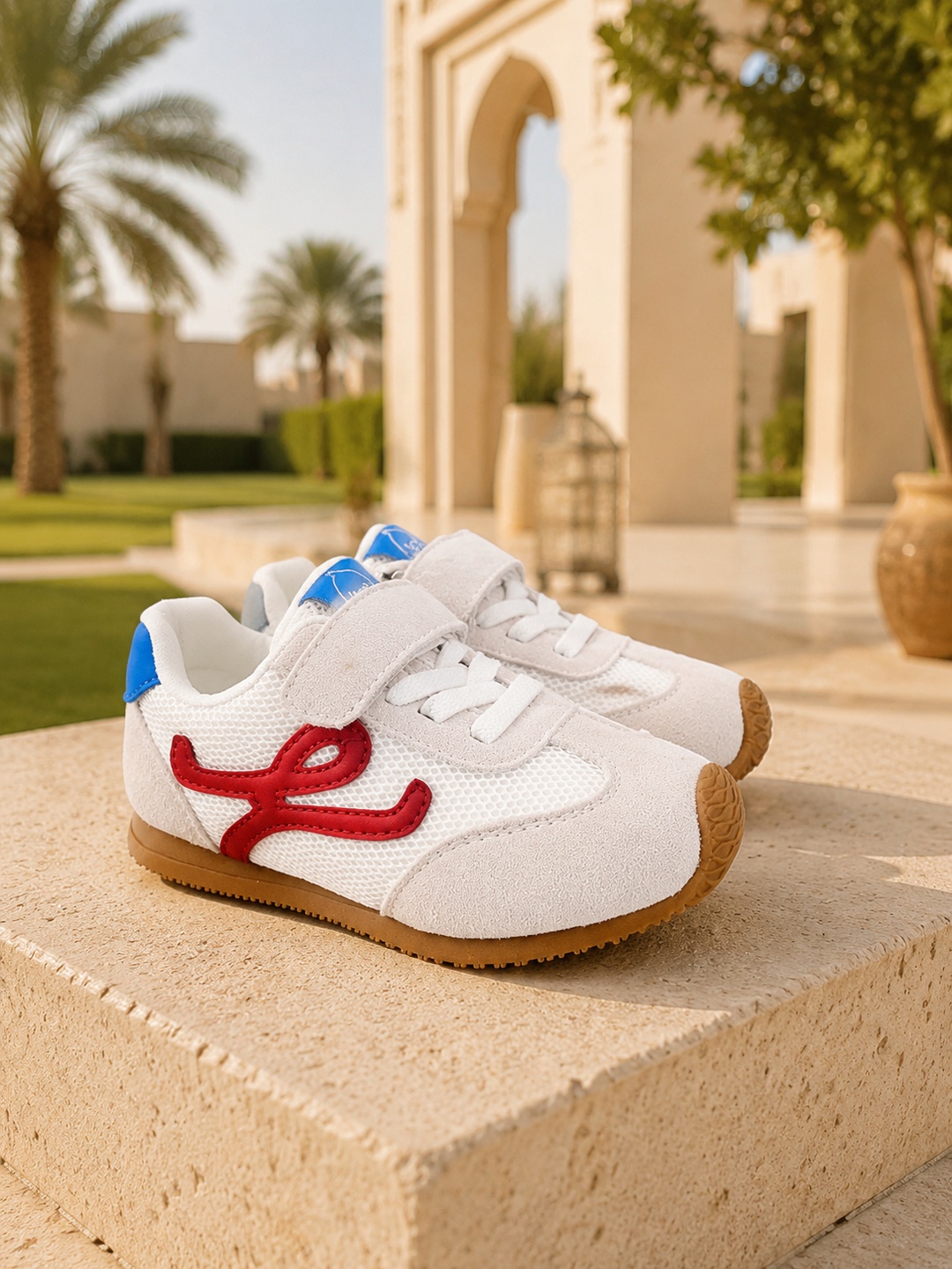 White Mesh Sneakers with Hook-and-Loop Strap and Gum Sole