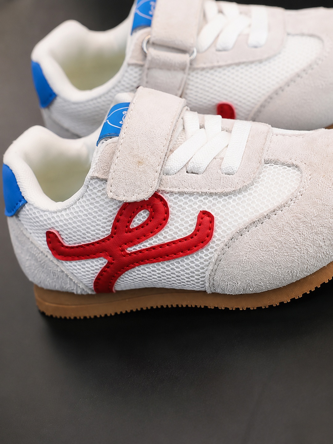 White Mesh Sneakers with Hook-and-Loop Strap and Gum Sole