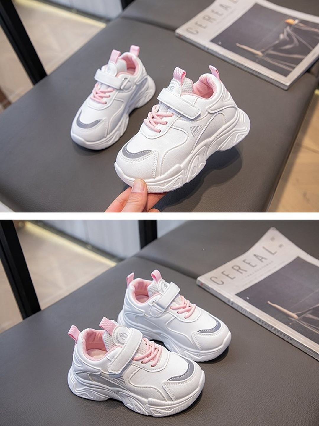 White and Pink Hook-and-Loop Sneakers