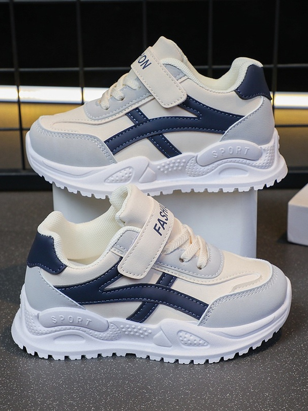 Kids White and Navy Hook-and-Loop Sneakers