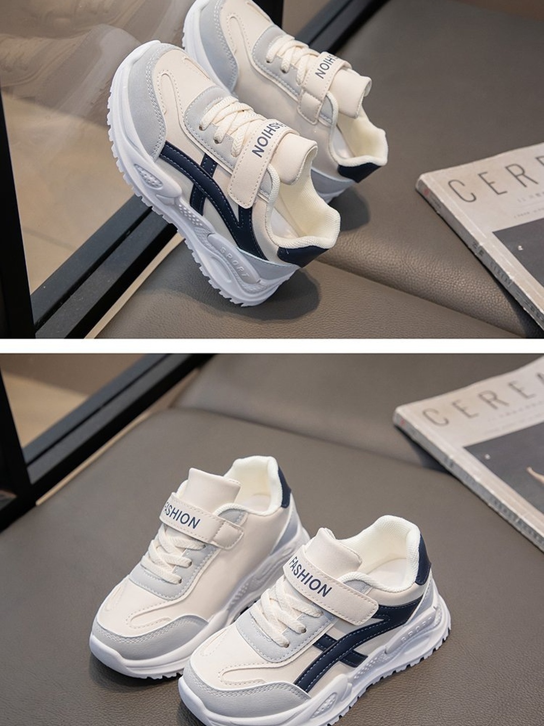 Girls White and Navy Hook-and-Loop Chunky Sneakers