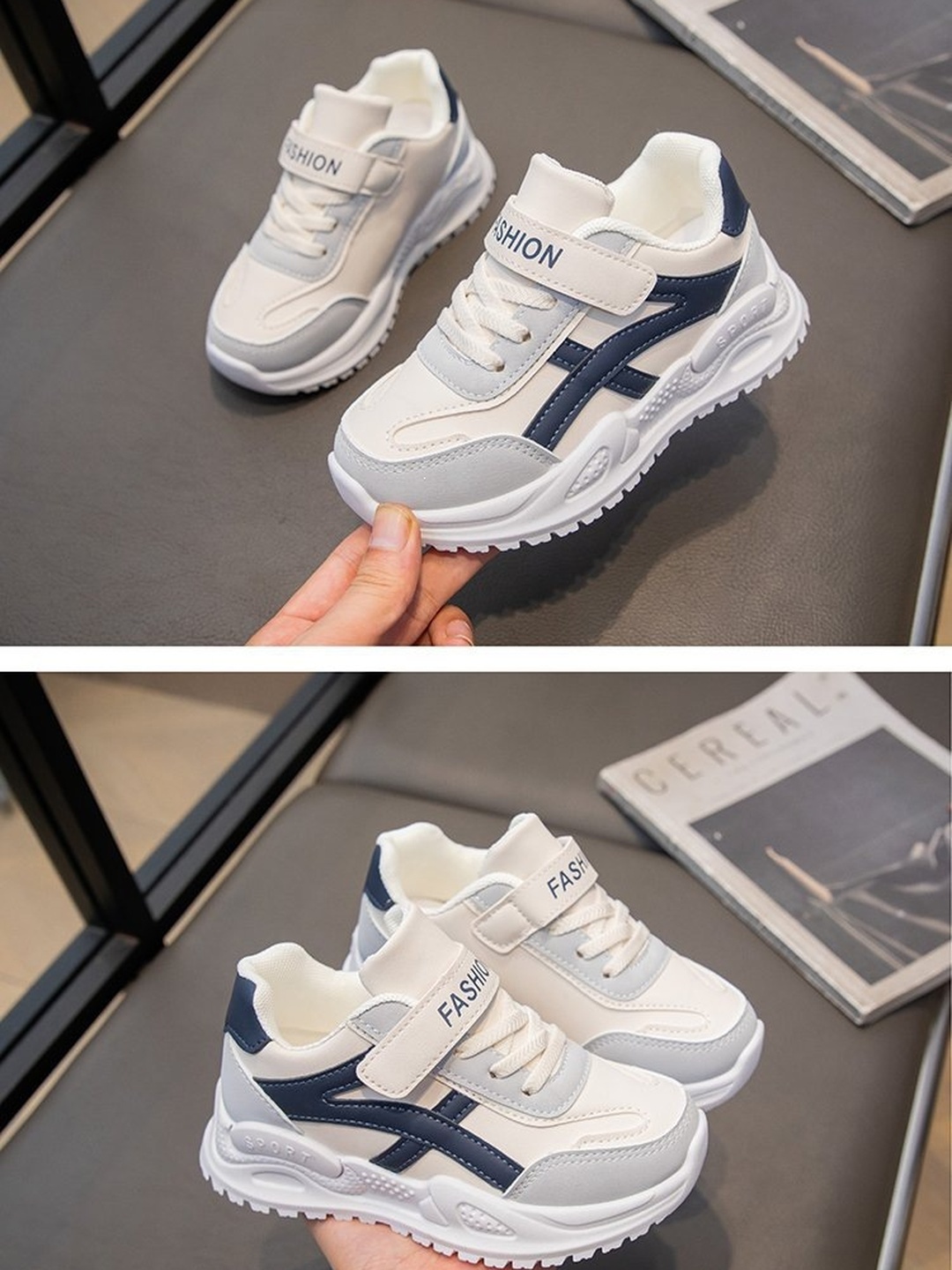Girls White and Navy Hook-and-Loop Chunky Sneakers