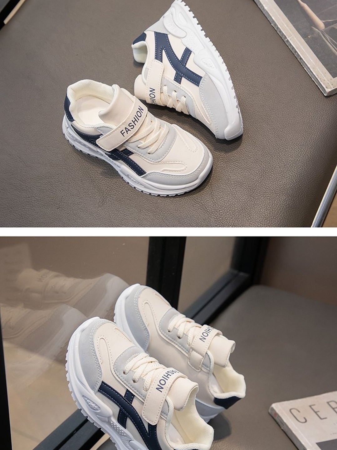 Girls White and Navy Hook-and-Loop Chunky Sneakers