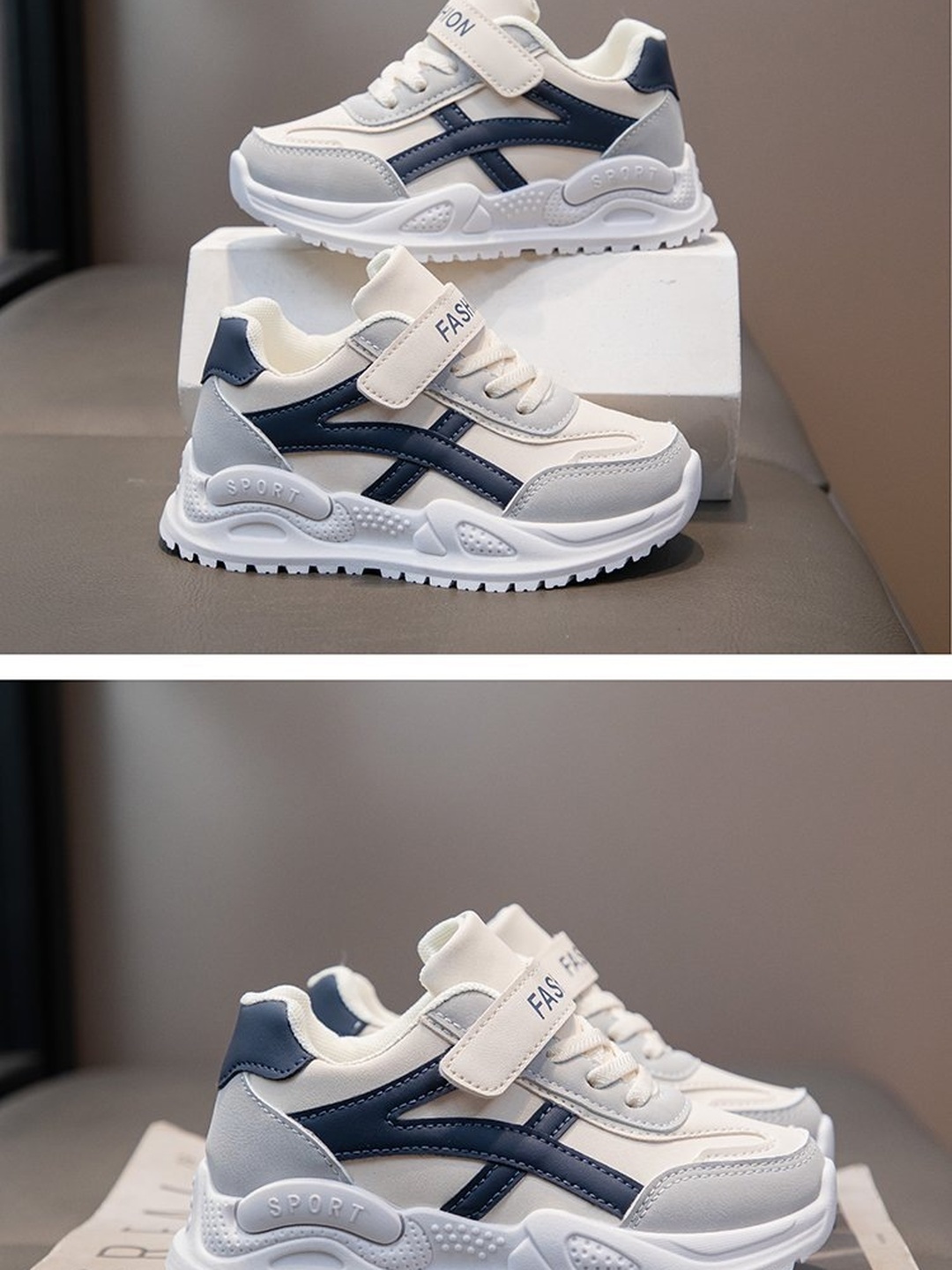 Girls White and Navy Hook-and-Loop Chunky Sneakers
