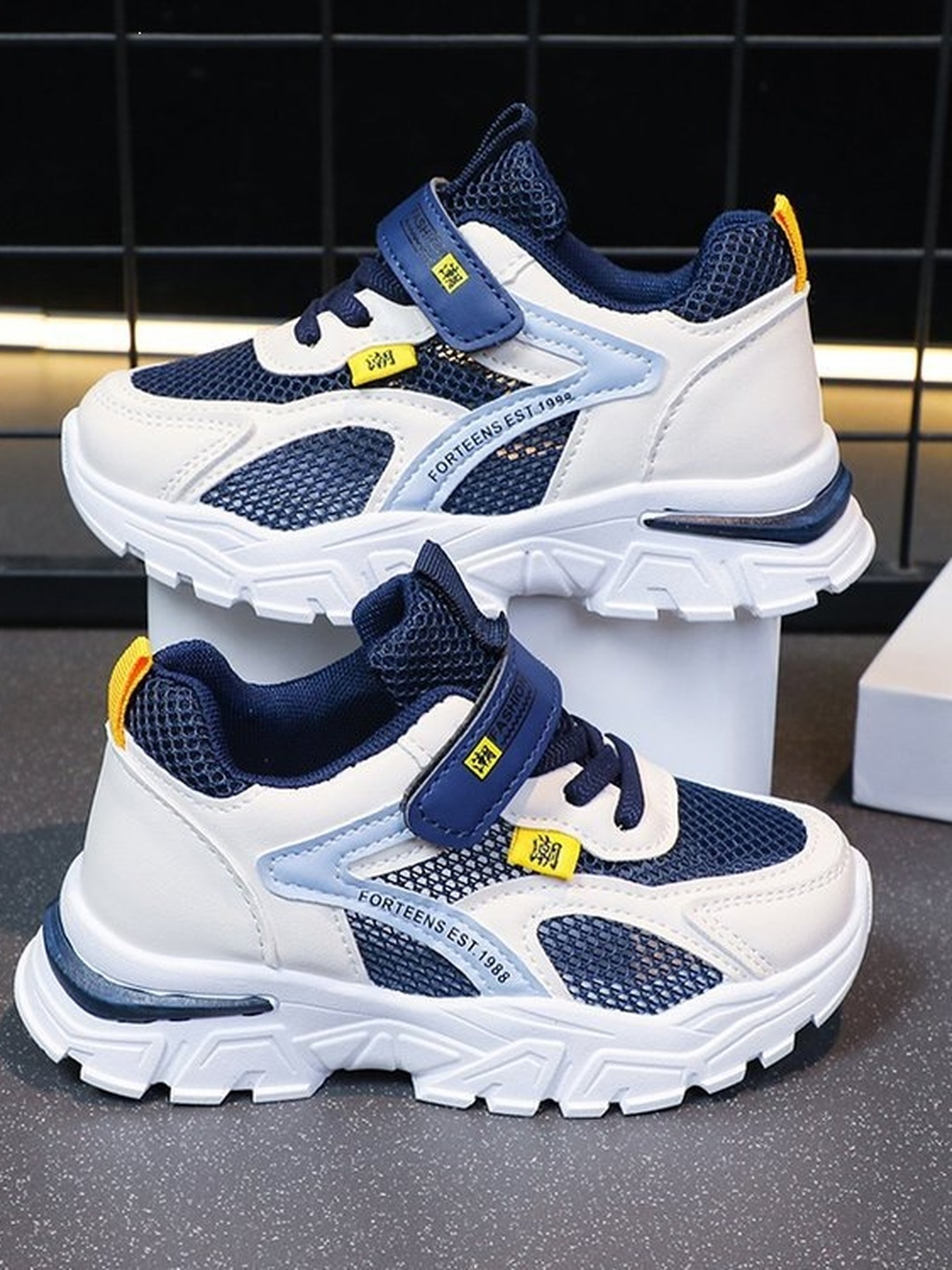 Boys Navy and White Mesh Hook-and-Loop Sneakers