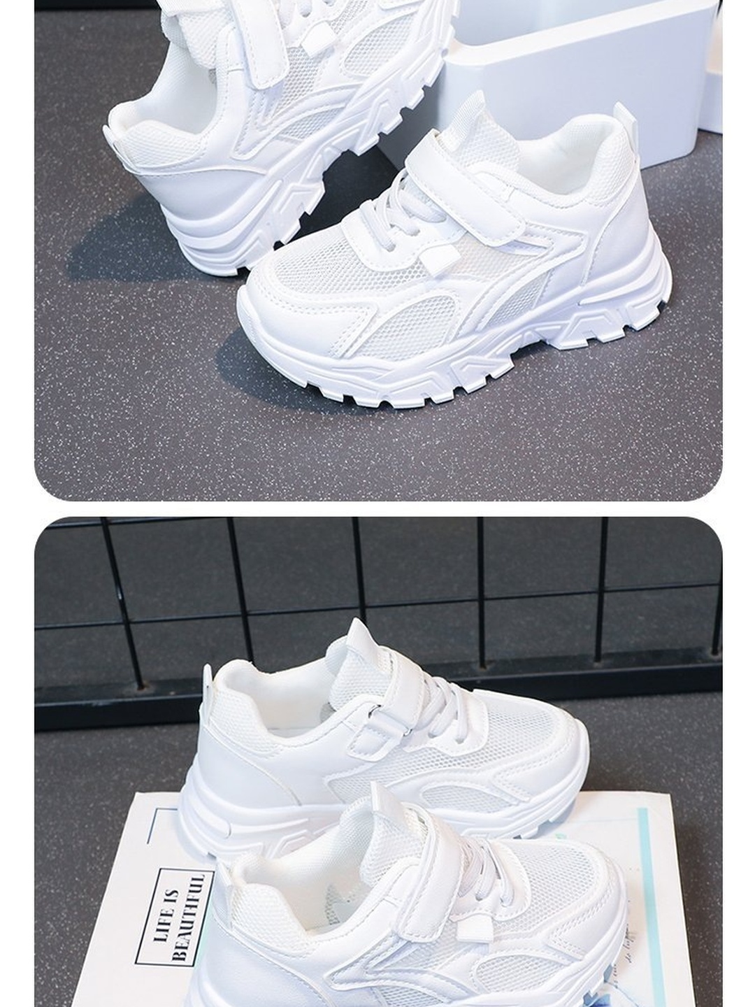 Girls White Mesh Hook-and-Loop Sneakers
