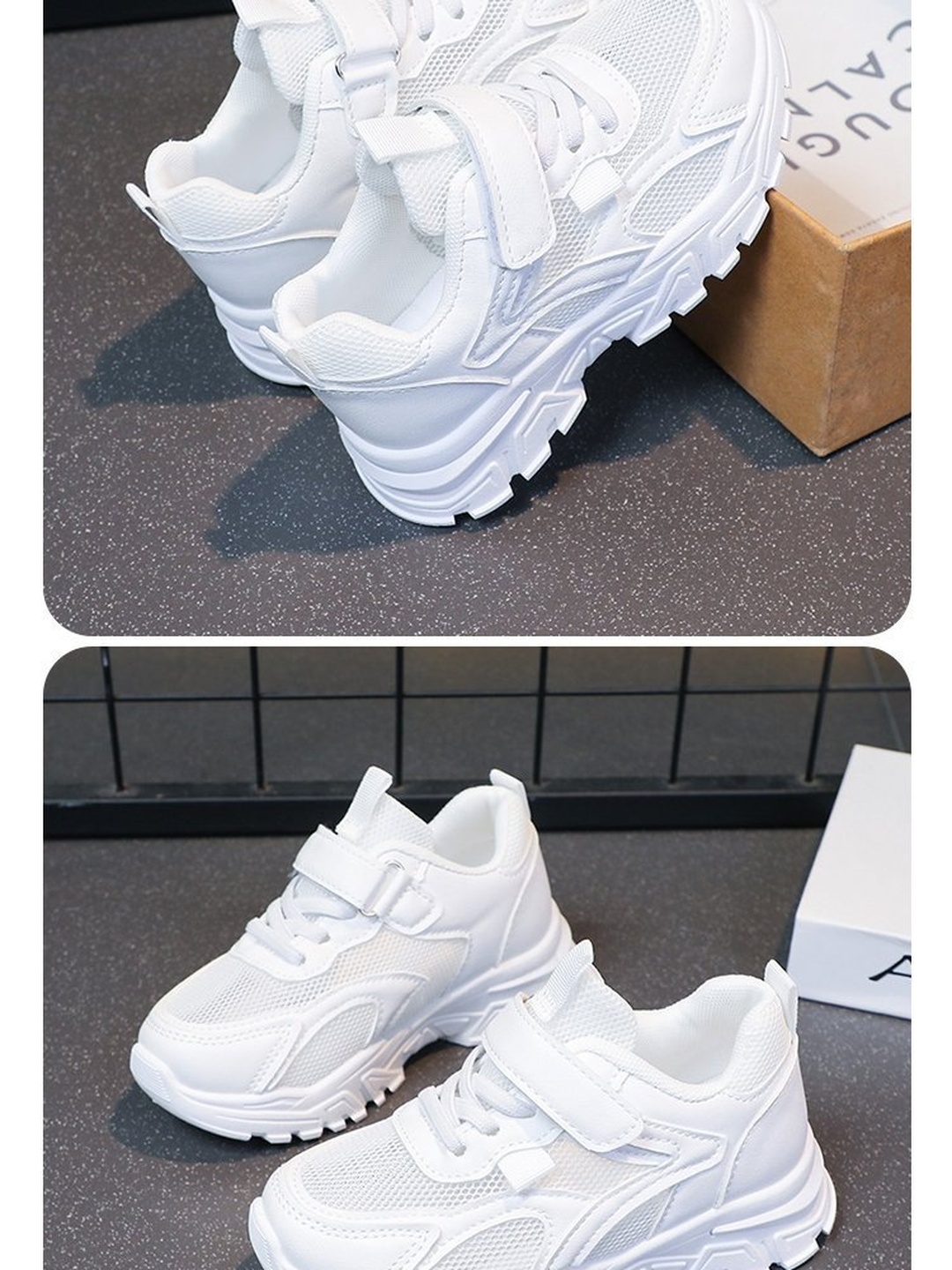 Girls White Mesh Hook-and-Loop Sneakers