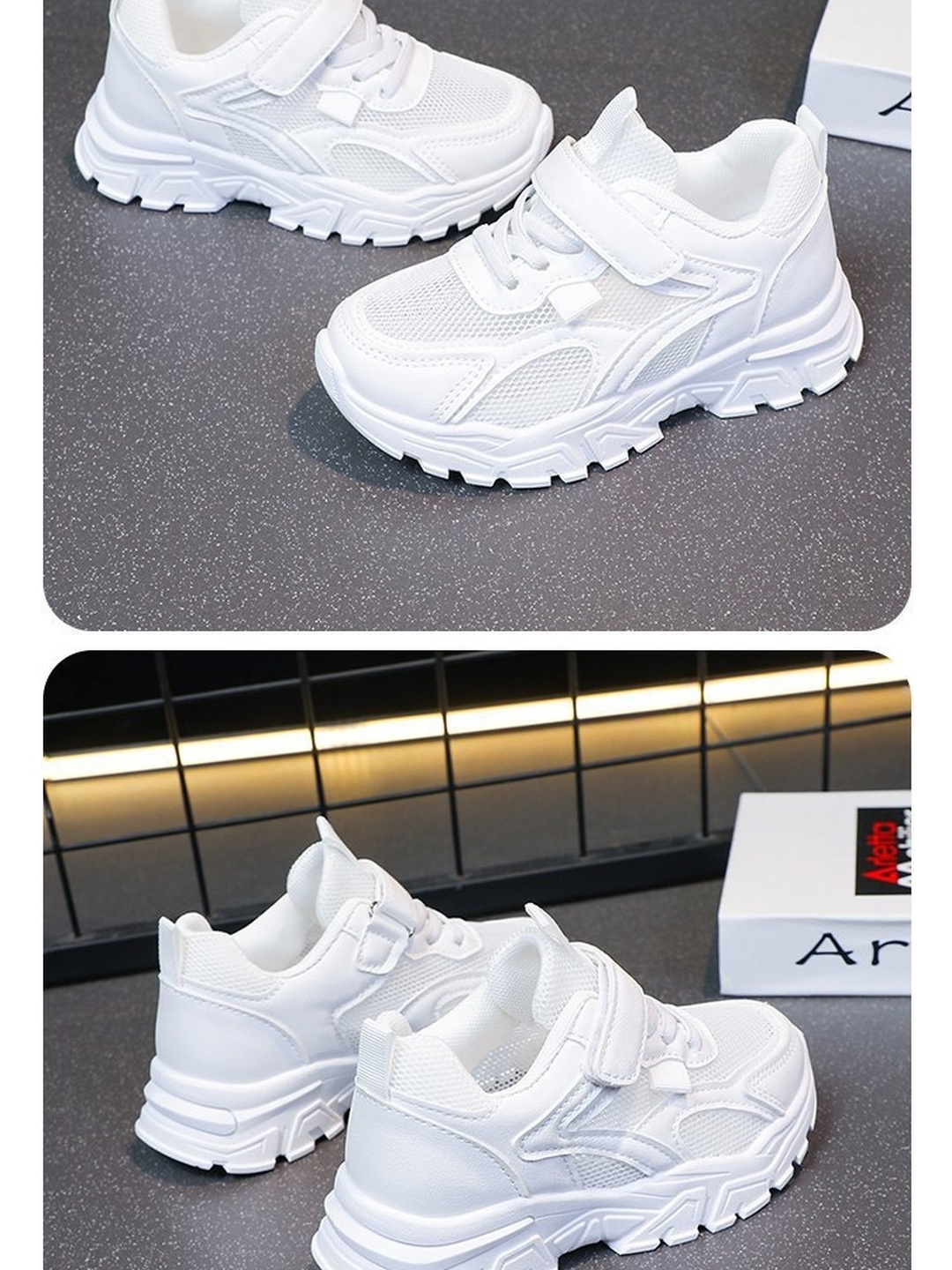 Girls White Mesh Hook-and-Loop Sneakers