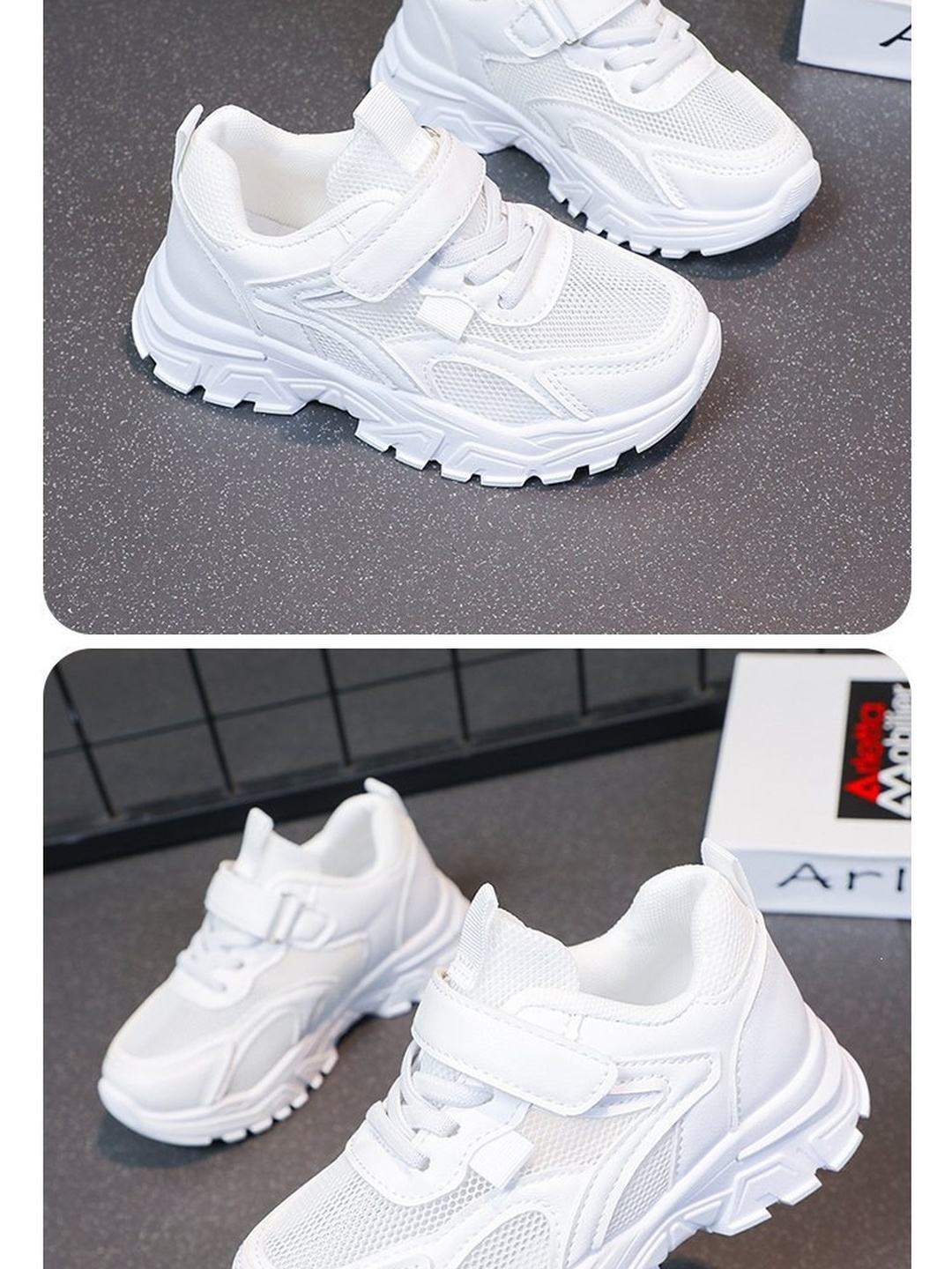 Girls White Mesh Hook-and-Loop Sneakers