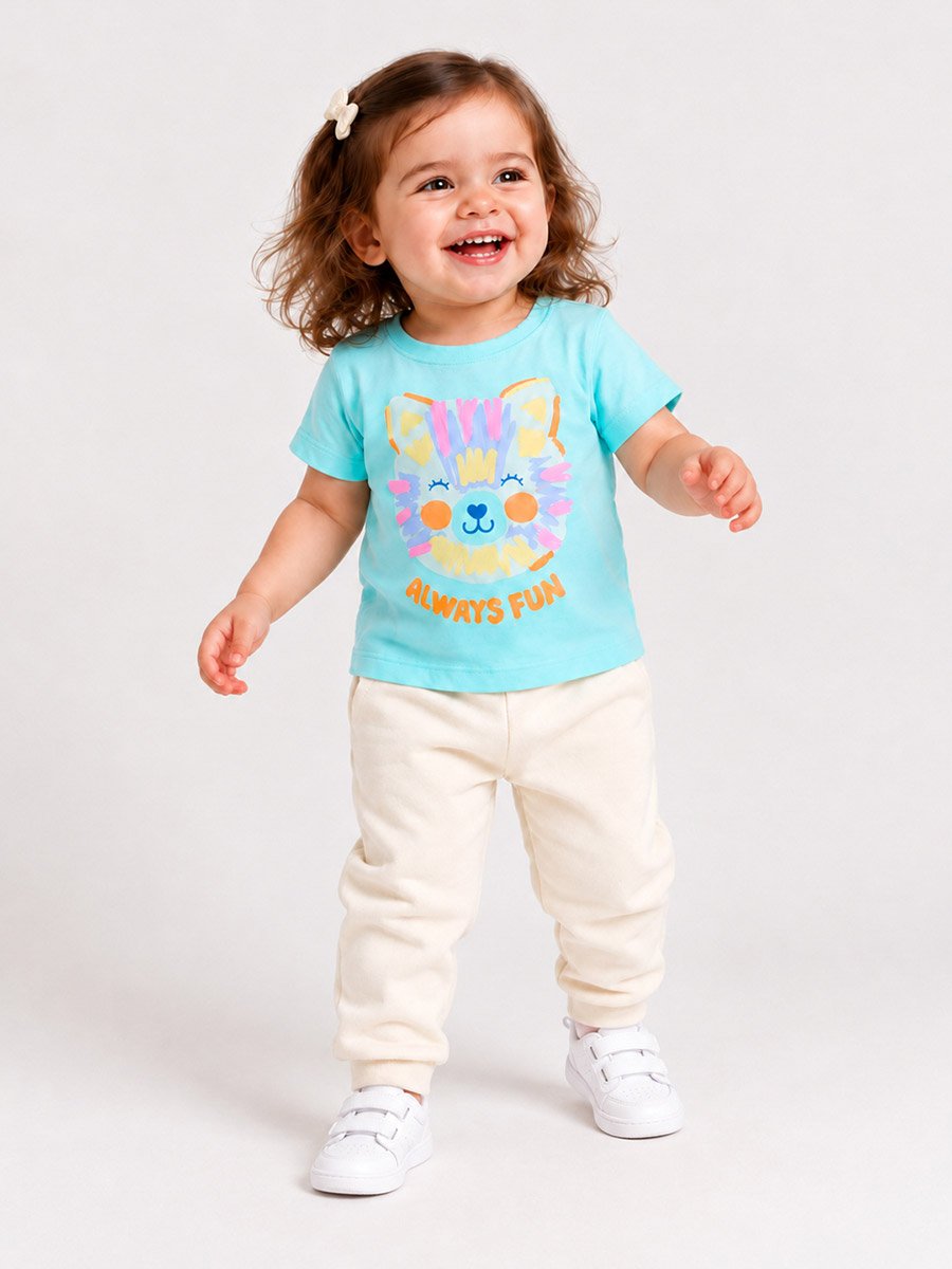 Baby Girl Light Blue Cat Graphic Cotton T-Shirt