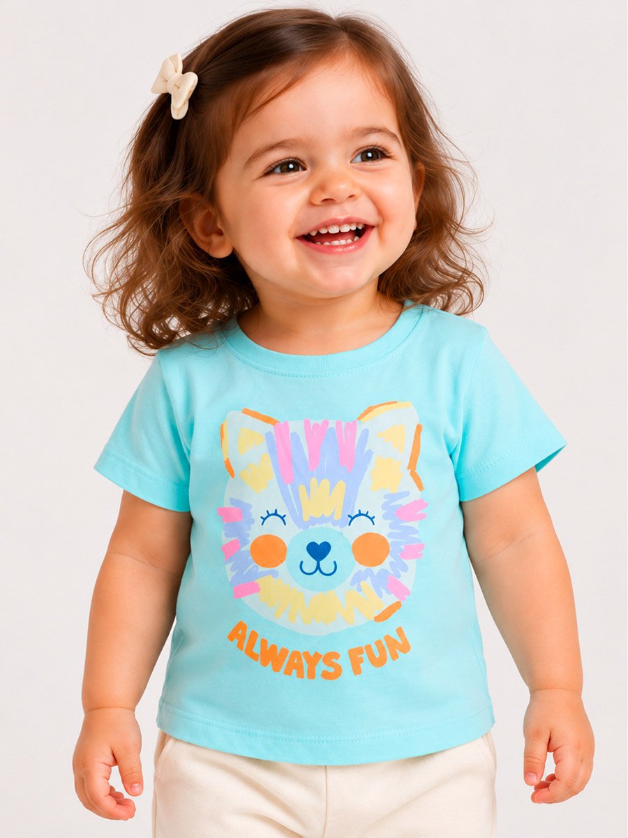 Baby Girl Light Blue Cat Graphic Cotton T-Shirt