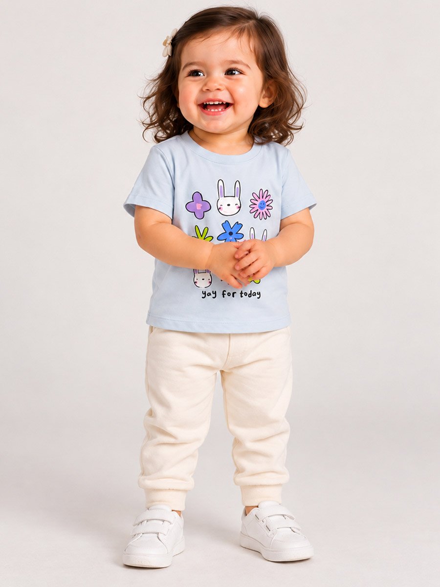 Baby Girl Light Blue Bunny Graphic Cotton T-Shirt