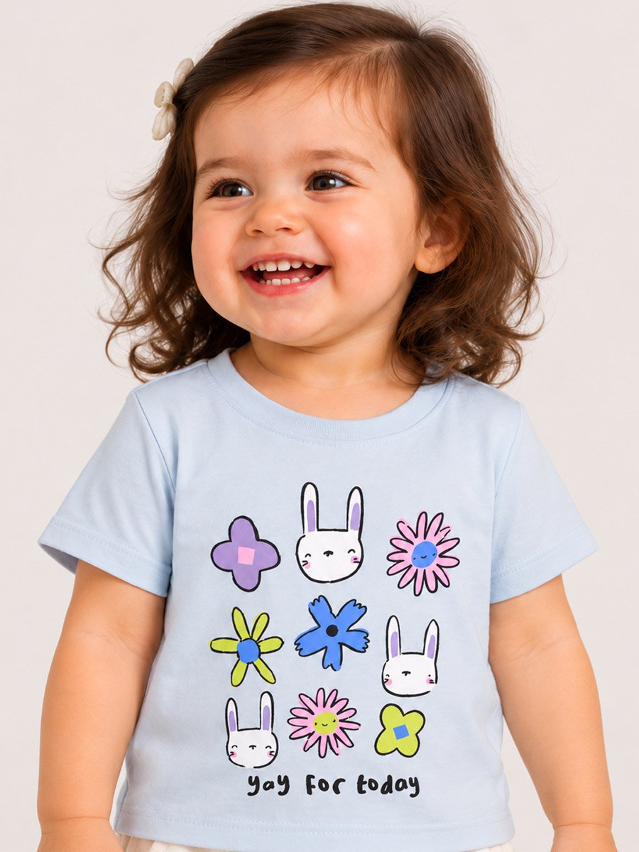 Baby Girl Light Blue Bunny Graphic Cotton T-Shirt