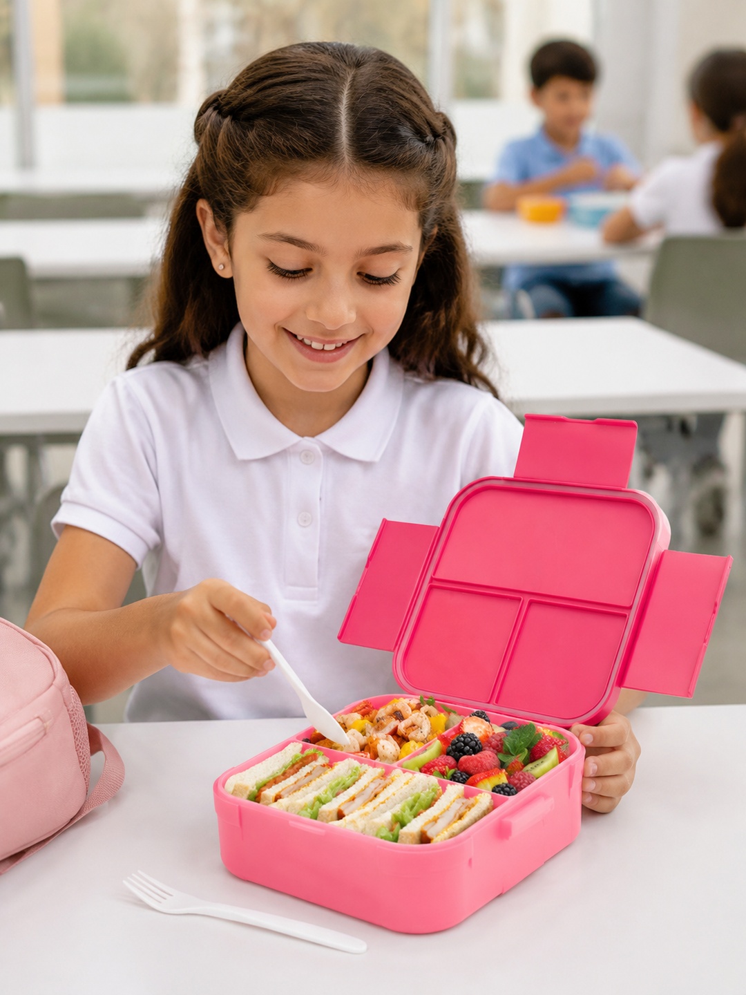 Pink Compartment Lunch Box with Handle, Spoon and Fork