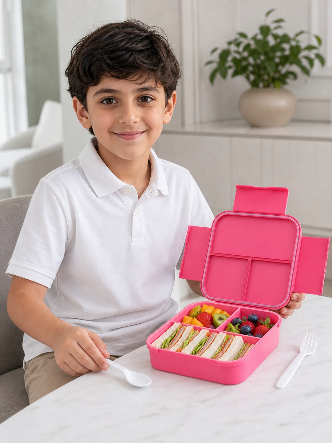 Pink Compartment Lunch Box with Handle, Spoon and Fork