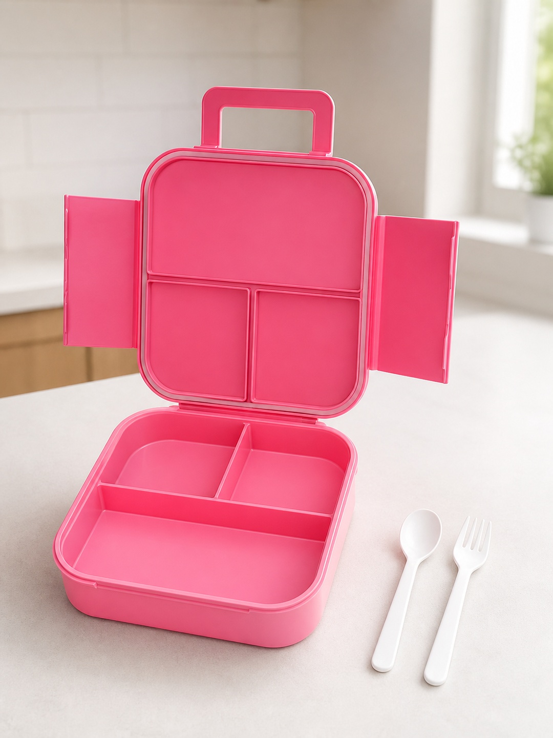 Pink Compartment Lunch Box with Handle, Spoon and Fork