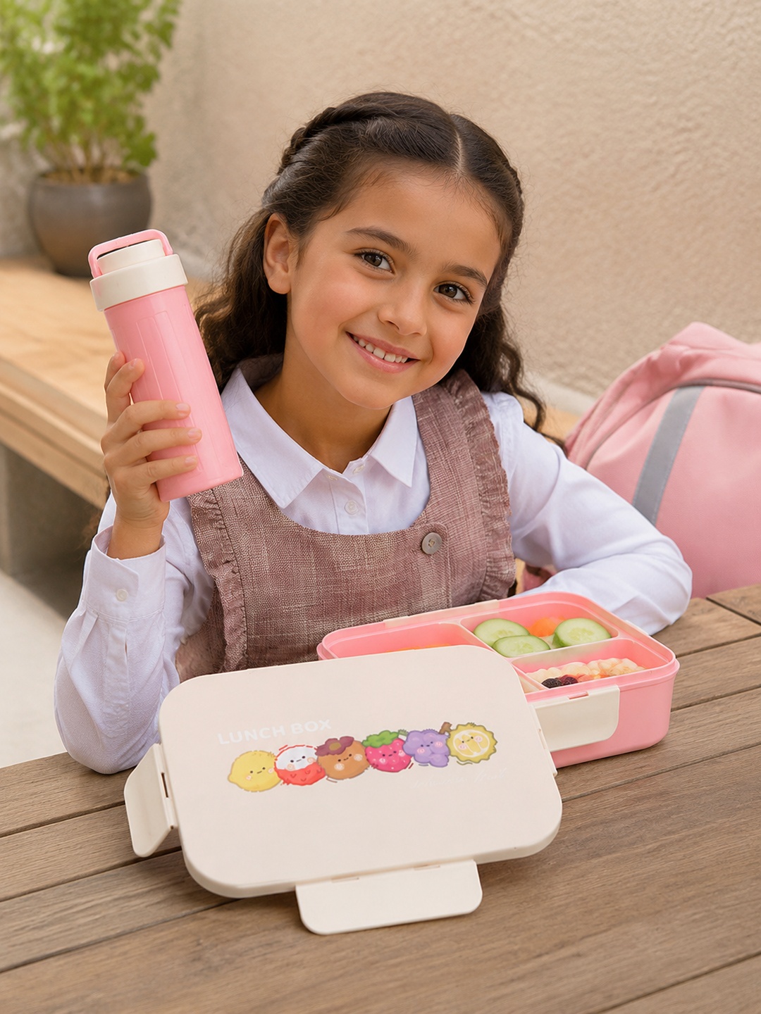 Pink Plastic Lunch Box and Water Bottle Set
