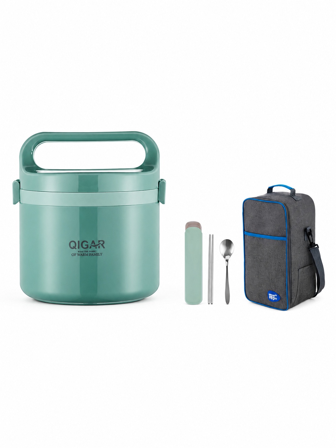 Green 1250ml Stainless Steel Insulated Lunch Box with Utensils Bag