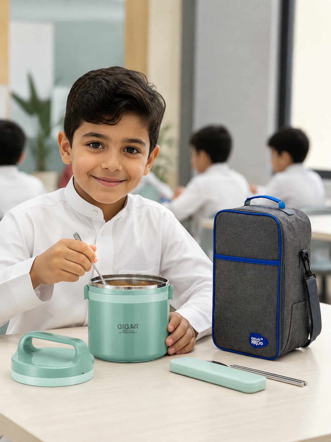 Green 1250ml Stainless Steel Insulated Lunch Box with Utensils Bag