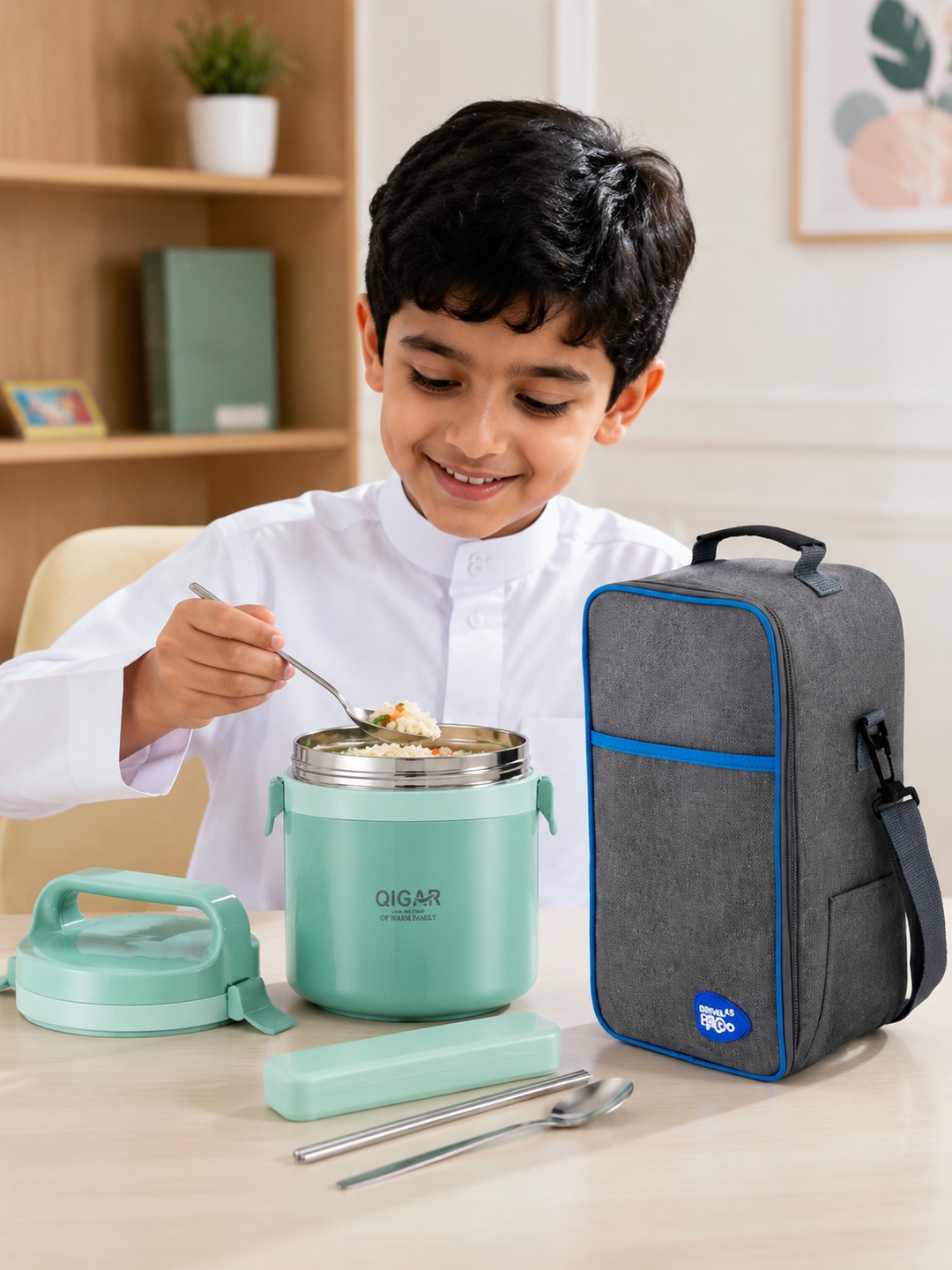 Green 1250ml Stainless Steel Insulated Lunch Box with Utensils Bag