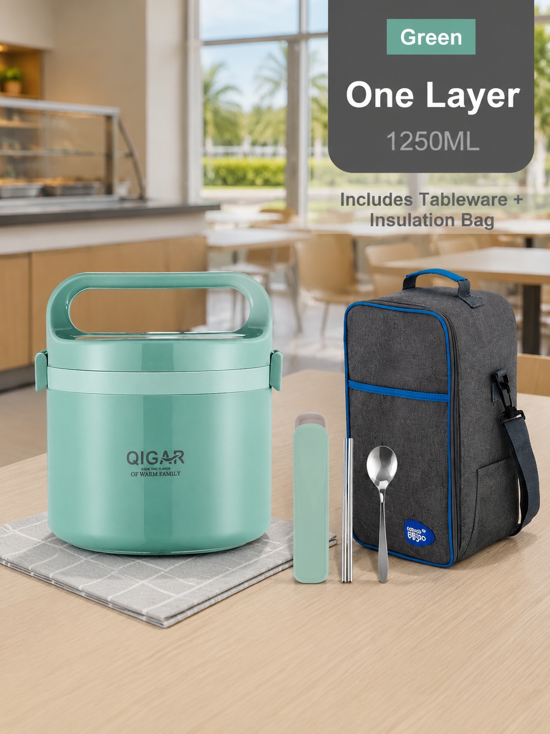 Green 1250ml Stainless Steel Insulated Lunch Box with Utensils Bag