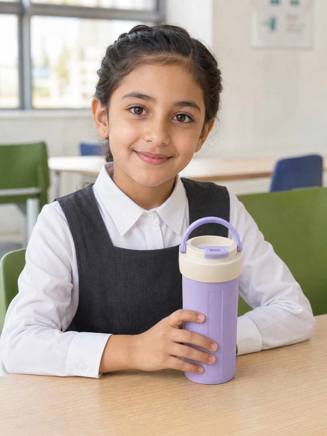 Purple Plastic Water Bottle with Carry Handle and Flip-Top Lid