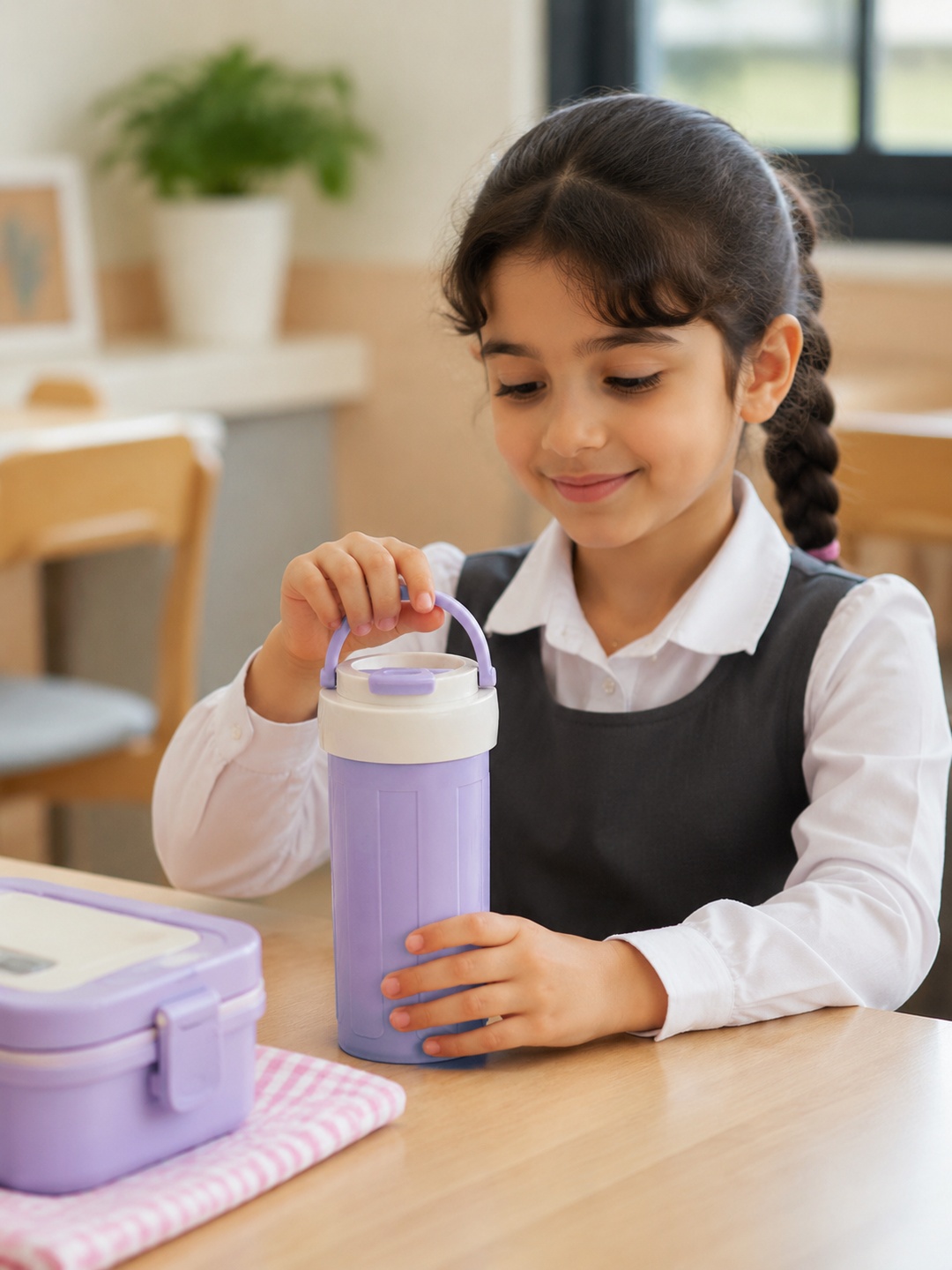 Purple Plastic Water Bottle with Carry Handle and Flip-Top Lid