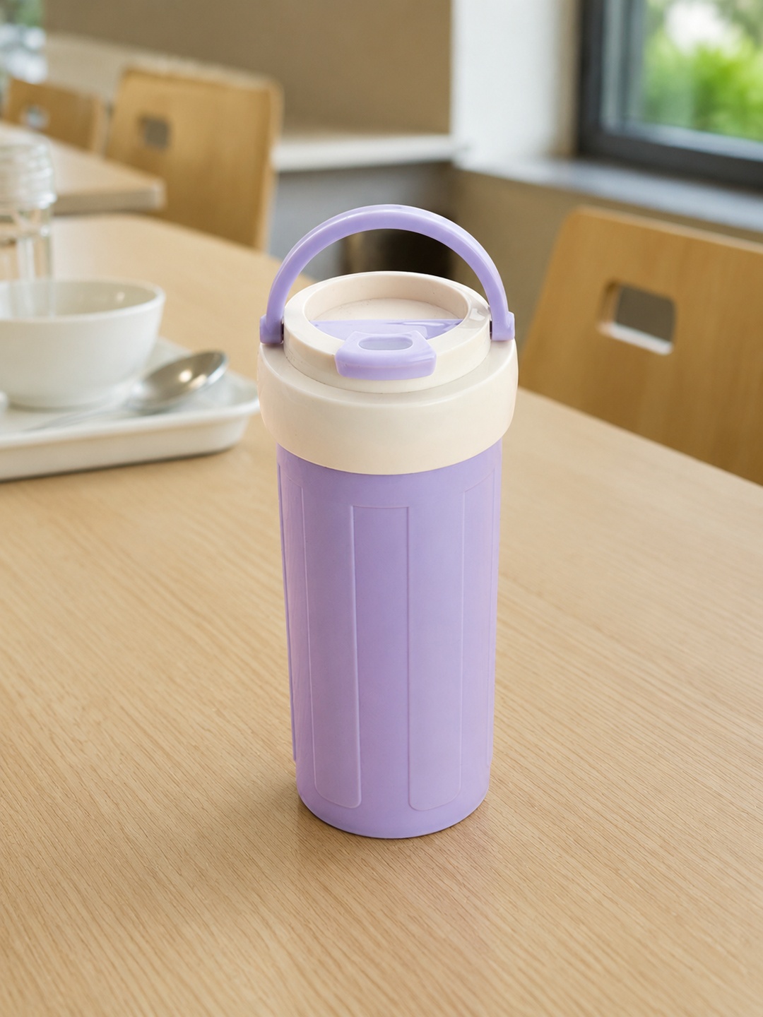 Purple Plastic Water Bottle with Carry Handle and Flip-Top Lid