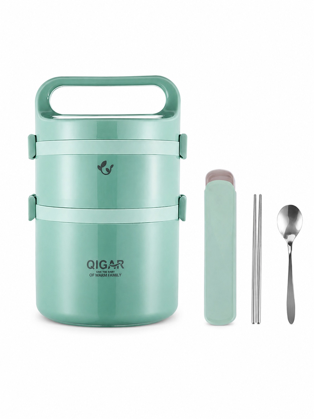 Green 2-Tier 1850ml Insulated Stainless Steel Lunch Box with Utensils