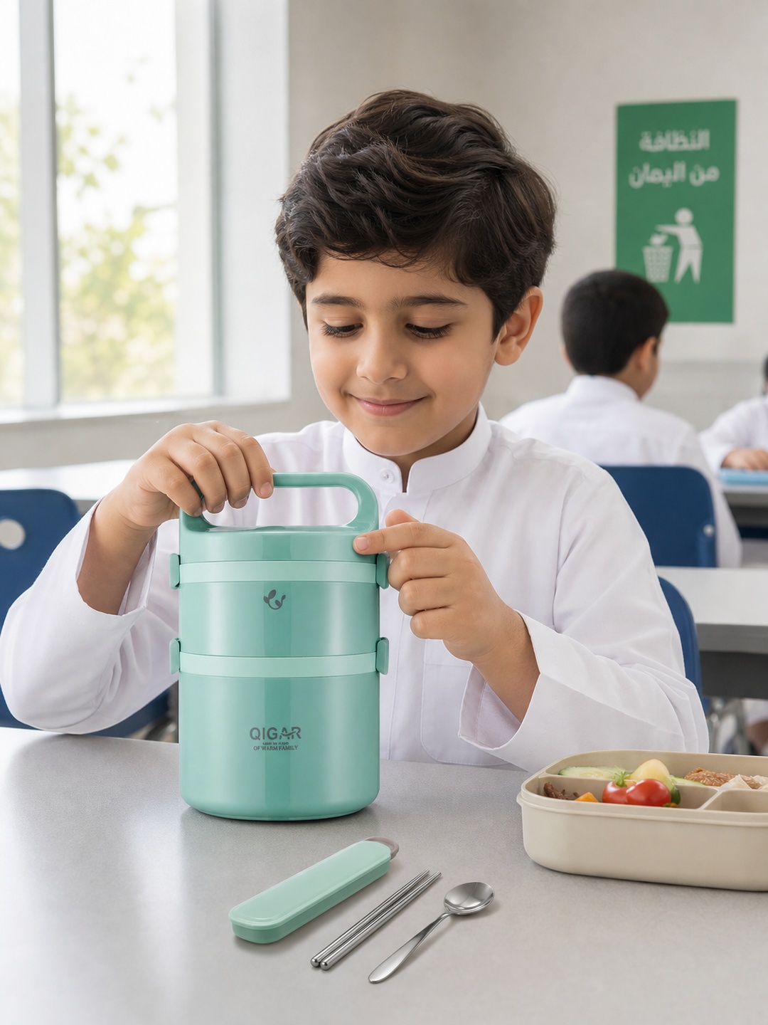Green 2-Tier 1850ml Insulated Stainless Steel Lunch Box with Utensils