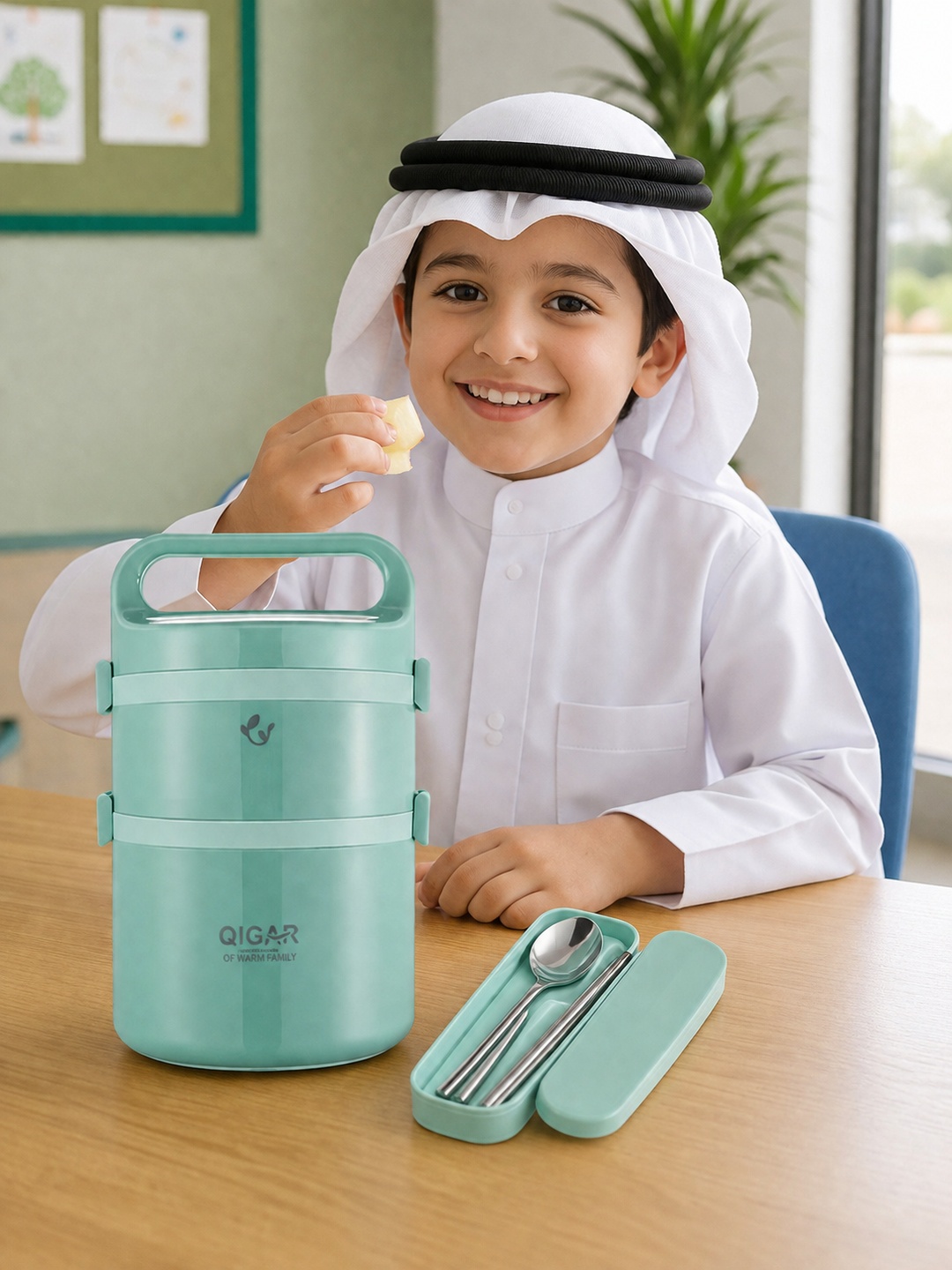 Green 2-Tier 1850ml Insulated Stainless Steel Lunch Box with Utensils
