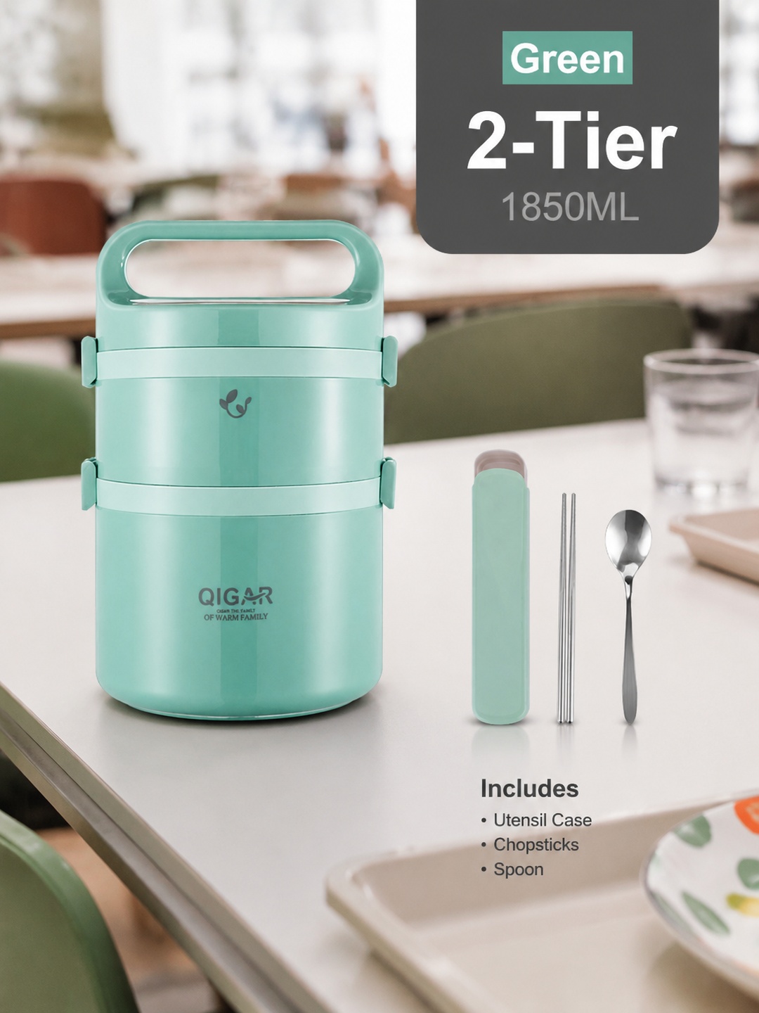 Green 2-Tier 1850ml Insulated Stainless Steel Lunch Box with Utensils